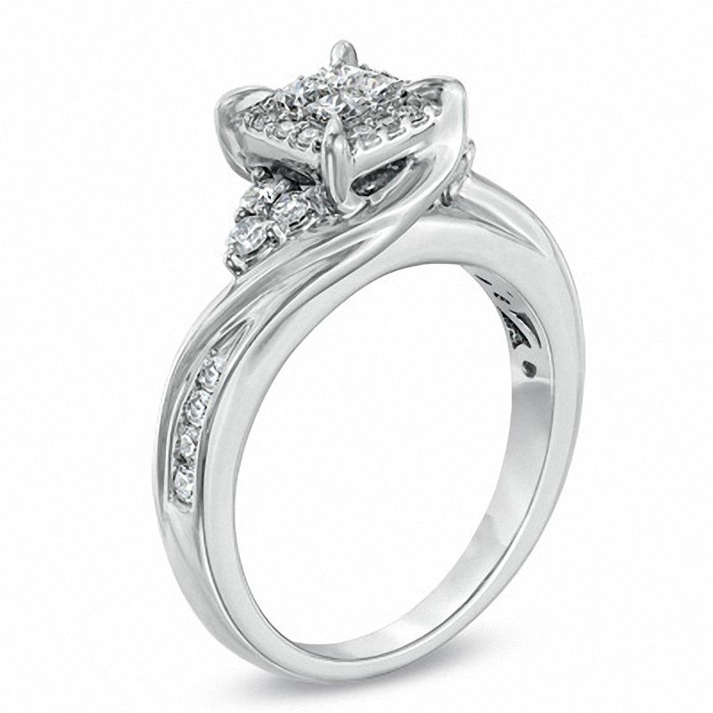 1/2 CT. T.W. Princess-Cut Quad Diamond Swirl Engagement Ring in 10K White Gold