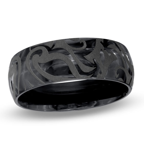 Triton 8.0mm Comfort Fit Tribal Black Titanium Wedding Band - Size 10