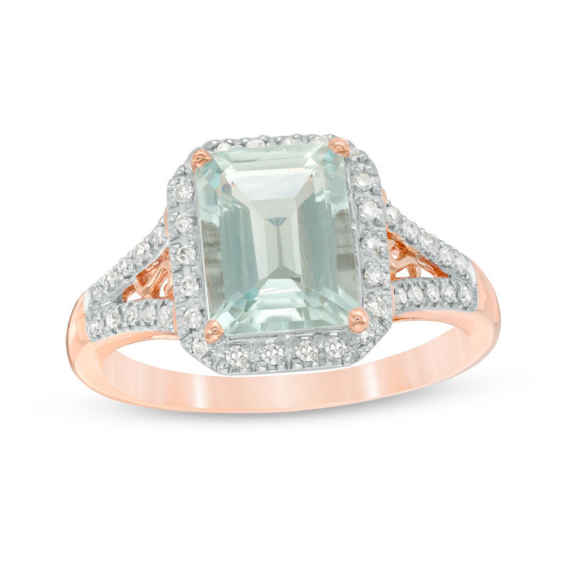 Emerald-Cut Aquamarine and 1/6 CT. T.W. Diamond Frame Ring in 14K Rose Gold