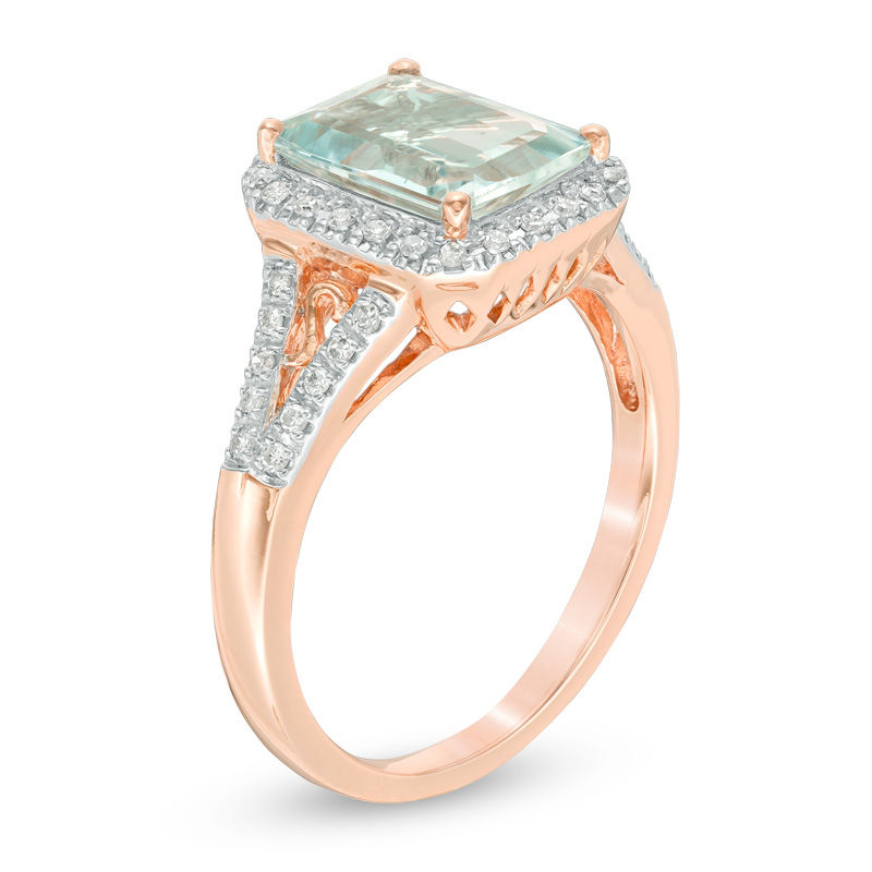 Emerald-Cut Aquamarine and 1/6 CT. T.W. Diamond Frame Ring in 14K Rose Gold