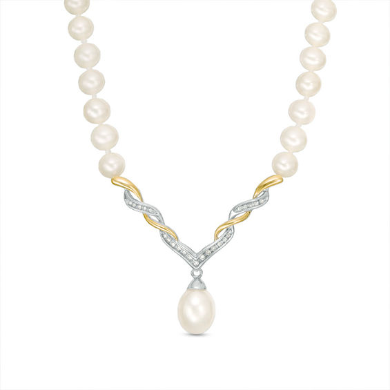 Cultured Freshwater Pearl and 1/10 CT. T.w. Diamond Necklace in Sterling Silver and 14K Gold - 17"