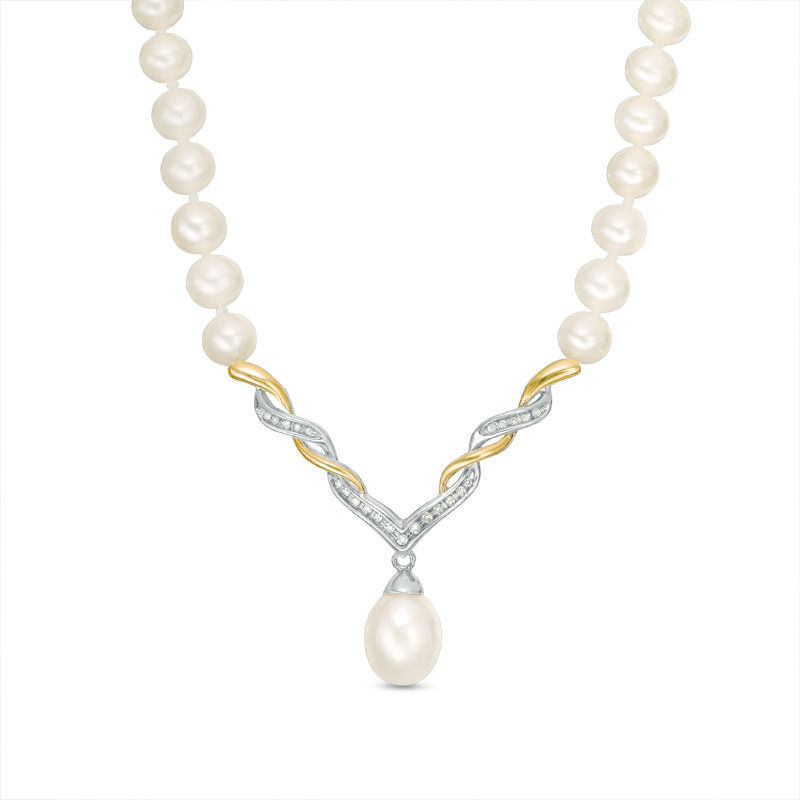 Zales Cultured Freshwater Pearl and 1/10 Ct. T.W. Diamond Necklace in Sterling Silver and 14K Gold - 17