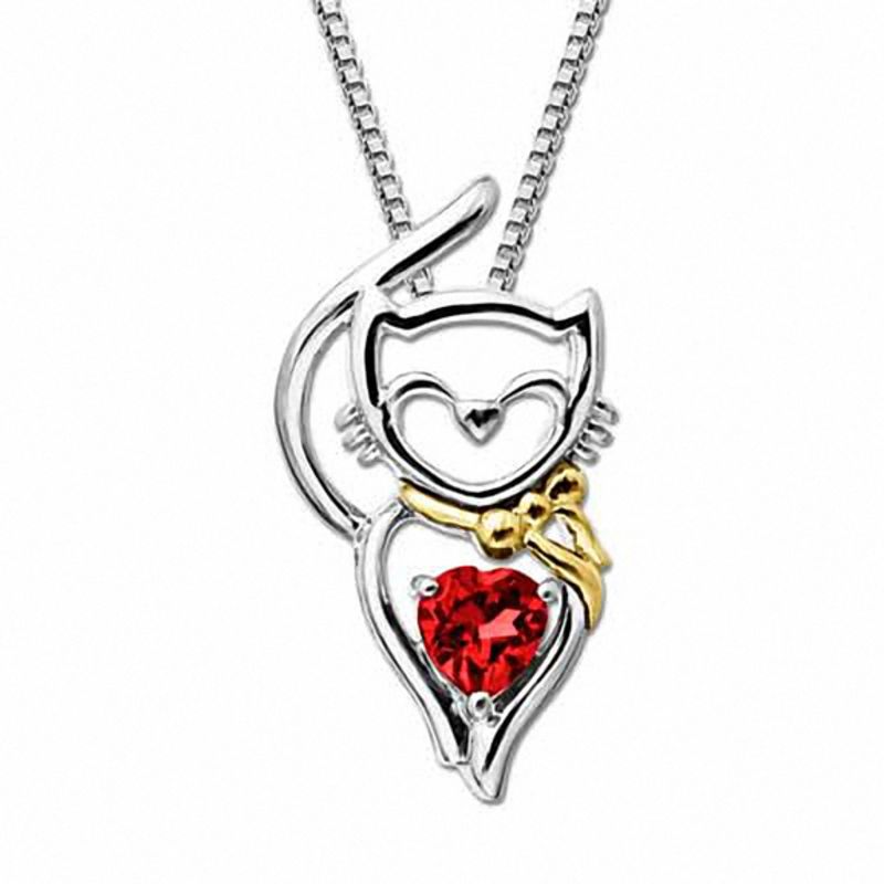 Heart-Shaped Lab-Created Ruby Cat Pendant in Sterling Silver and 14K Gold