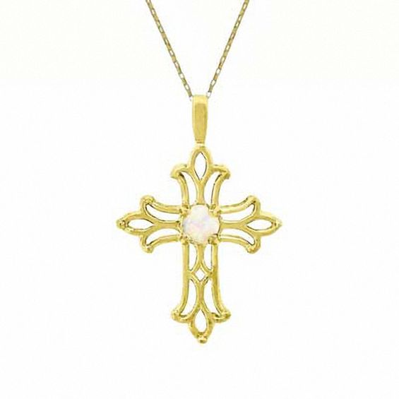 Lab-Created Opal Birthstone Cross Pendant in 10K Gold