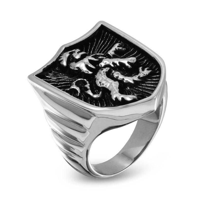 Men's Polished Lion Shield Ring in Stainless Steel