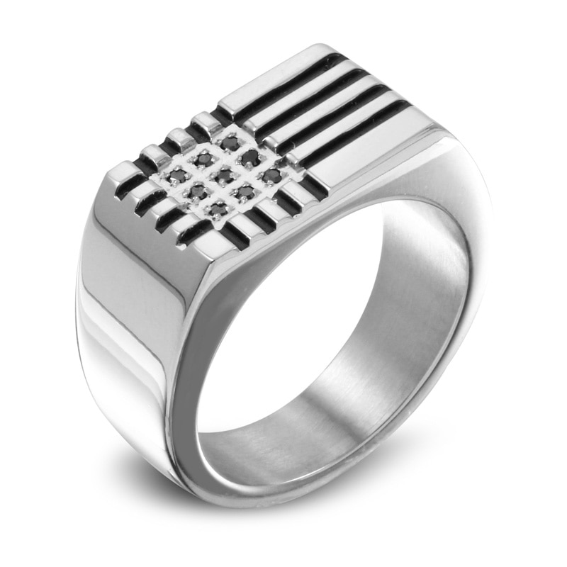 Men's 1/8 CT. T.W. Black Diamond Striped Band in Two-Tone Stainless Steel