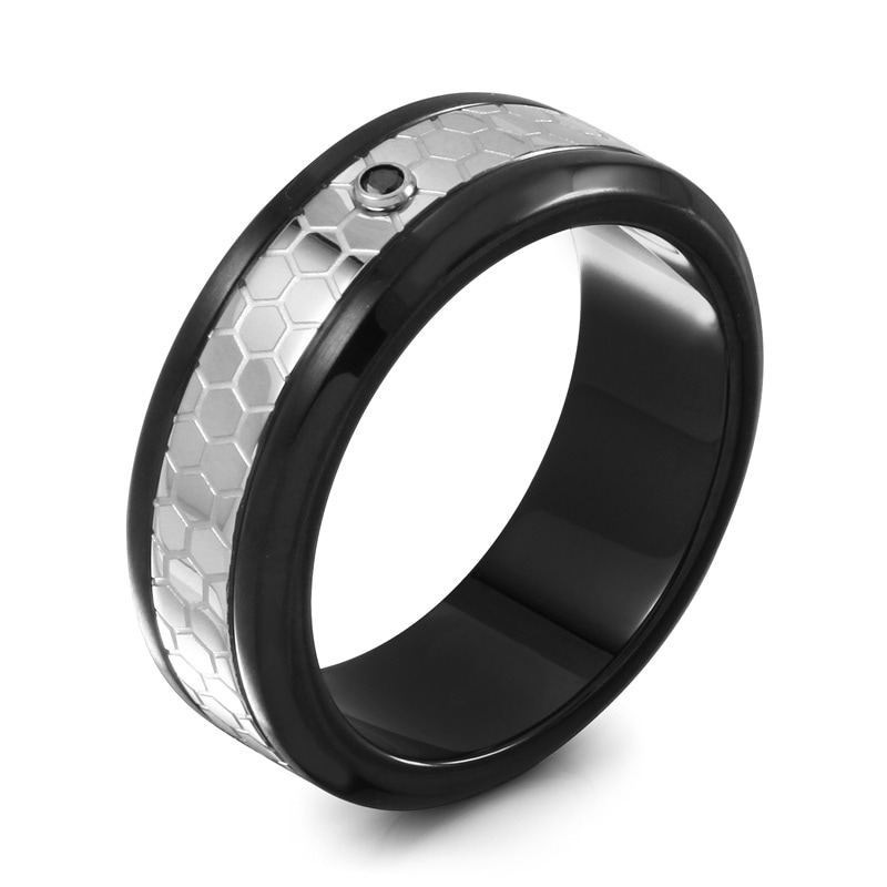 Men's Black Enhanced Diamond Accent Solitaire Honeycomb Wedding Band in Two-Tone Stainless Steel