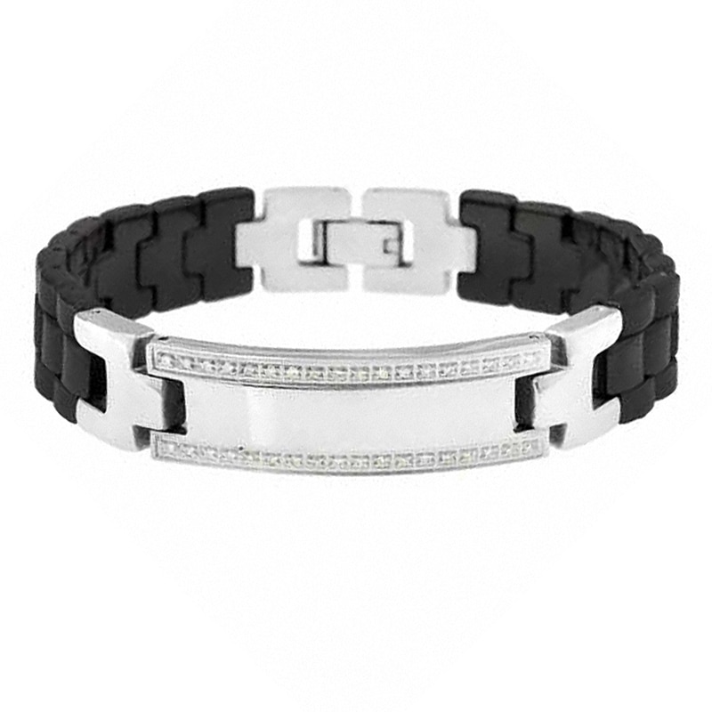 Men's 1/4 CT. T.W. Diamond Stainless Steel and Black Ceramic ID Bracelet - 8.5"