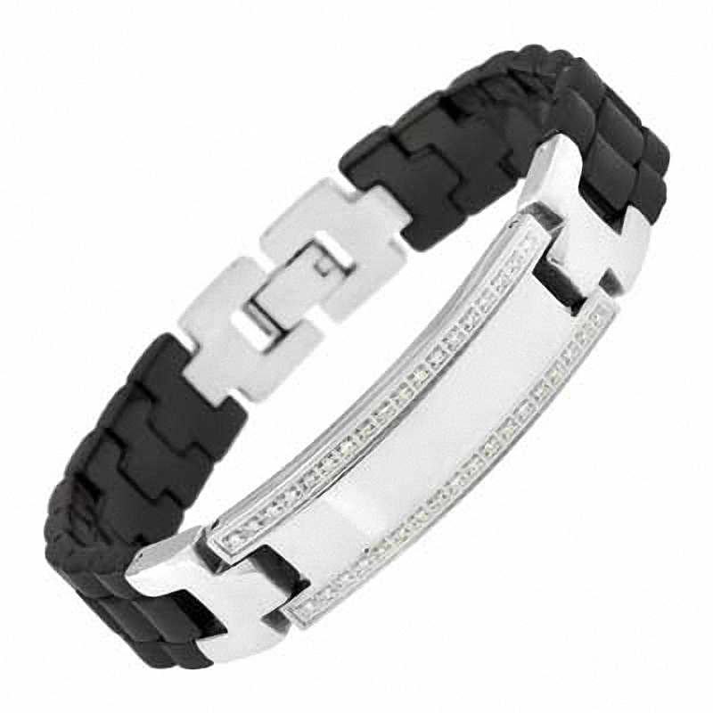 Men's 1/4 CT. T.W. Diamond Stainless Steel and Black Ceramic ID Bracelet - 8.5"