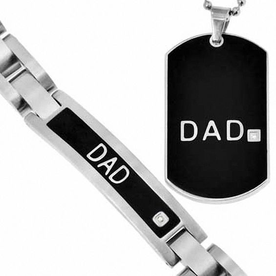 Diamond Accent "Dad" Pendant and Bracelet Set in Two-Tone Stainless Steel - 8.5"