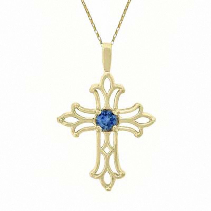 Lab-Created Blue Sapphire Birthstone Cross Pendant in 10K Gold