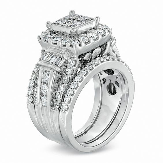 3 CT. T.w. Quad Princess-Cut Diamond Three Piece Bridal Set in 14K White Gold