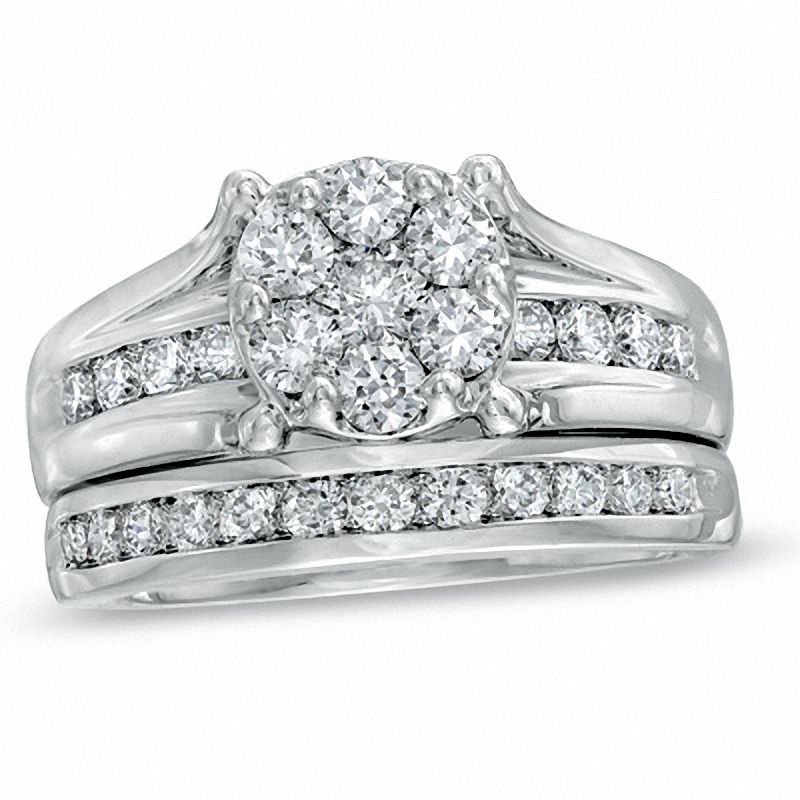 Main Image 1 of 1-1/2 CT. T.W. Diamond Cluster Bridal Set in 14K White Gold