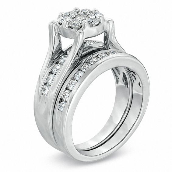 1-1/2 CT. T.w. Diamond Cluster Bridal Set in 14K White Gold