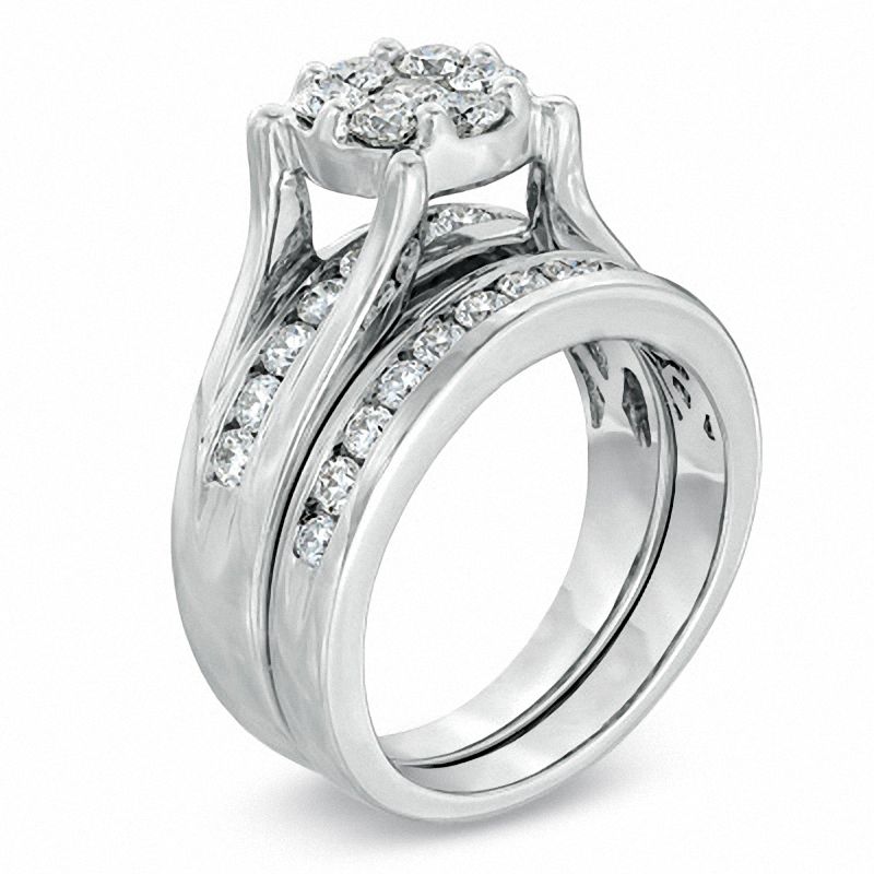 Main Image 2 of 1-1/2 CT. T.W. Diamond Cluster Bridal Set in 14K White Gold