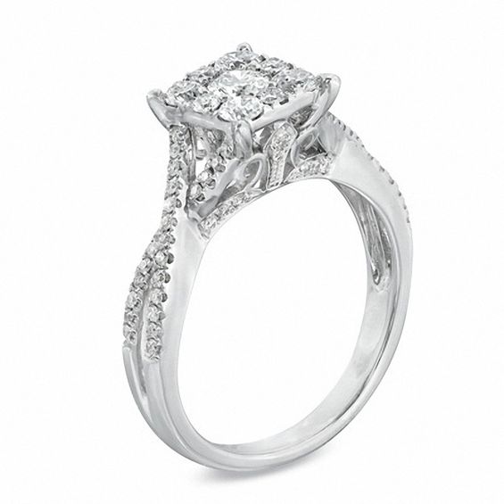 3/4 CT. T.w. Diamond Cluster Criss-Cross Shank Engagement Ring in 14K White Gold