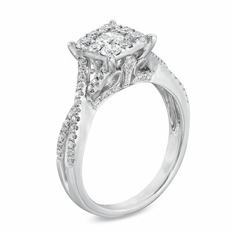 Main Image 2 of 3/4 CT. T.W. Diamond Cluster Criss-Cross Shank Engagement Ring in 14K White Gold