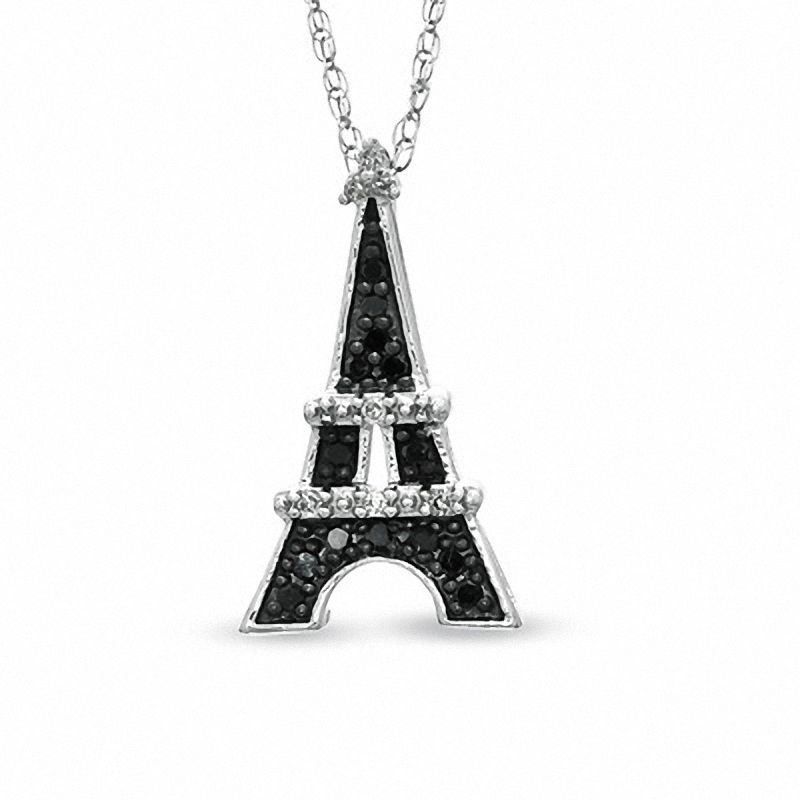 Main Image 1 of 1/10 CT. T.W. Enhanced Black and White Diamond Eiffel Tower Pendant in 10K White Gold