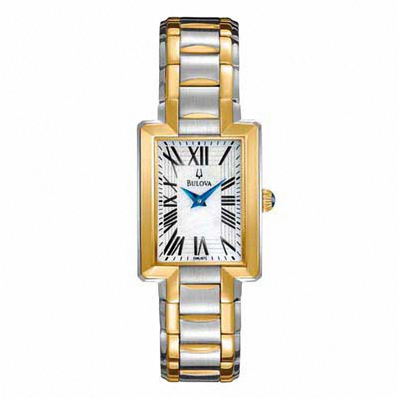 Ladies' Bulova Two-Tone Watch with Rectangular Mother-of-Pearl Dial (Model: 98L157)