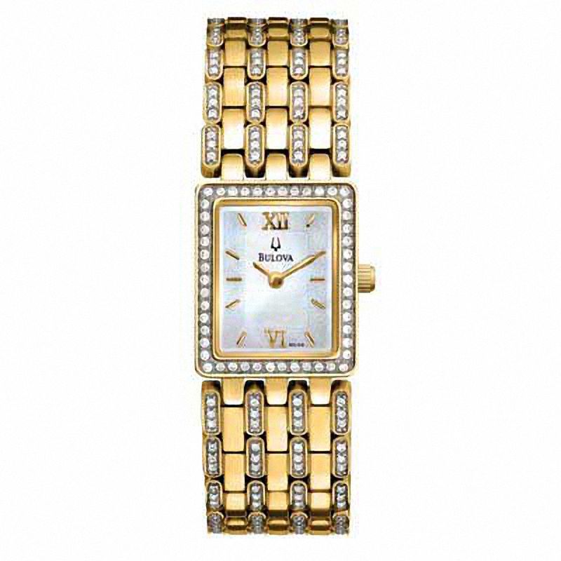 Ladies' Bulova Crystal Accent Gold-Tone Watch with Rectangular Mother-of-Pearl Dial (Model: 98L159)