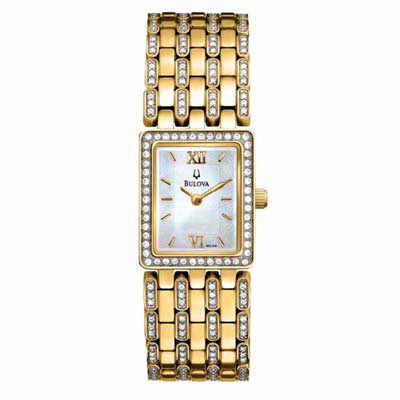 Main Image 1 of Ladies' Bulova Crystal Accent Gold-Tone Watch with Rectangular Mother-of-Pearl Dial (Model: 98L159)