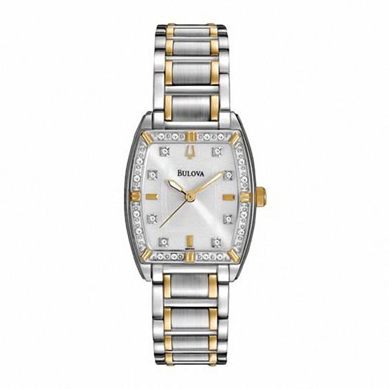 Ladies' Bulova Diamond Accent Two-Tone Watch with Tonneau Mother-of-Pearl Dial (Model: 98R159)