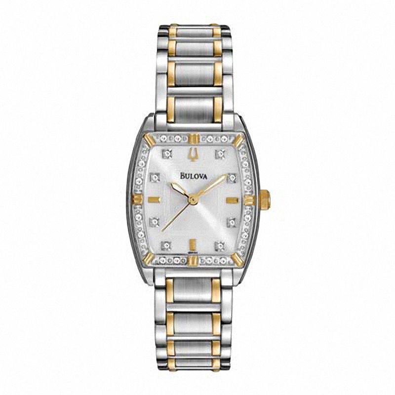 Main Image 1 of Ladies' Bulova Diamond Accent Two-Tone Watch with Tonneau Mother-of-Pearl Dial (Model: 98R159)