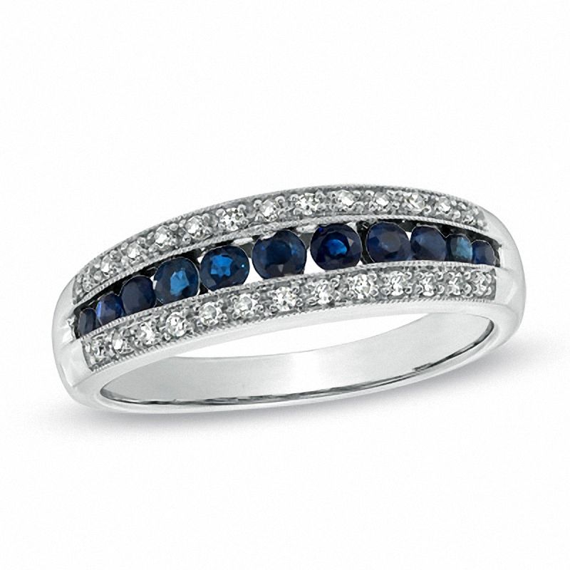 Main Image 1 of Blue Sapphire and 1/8 CT. T.W. Diamond Three Row Anniversary Band in 10K White Gold