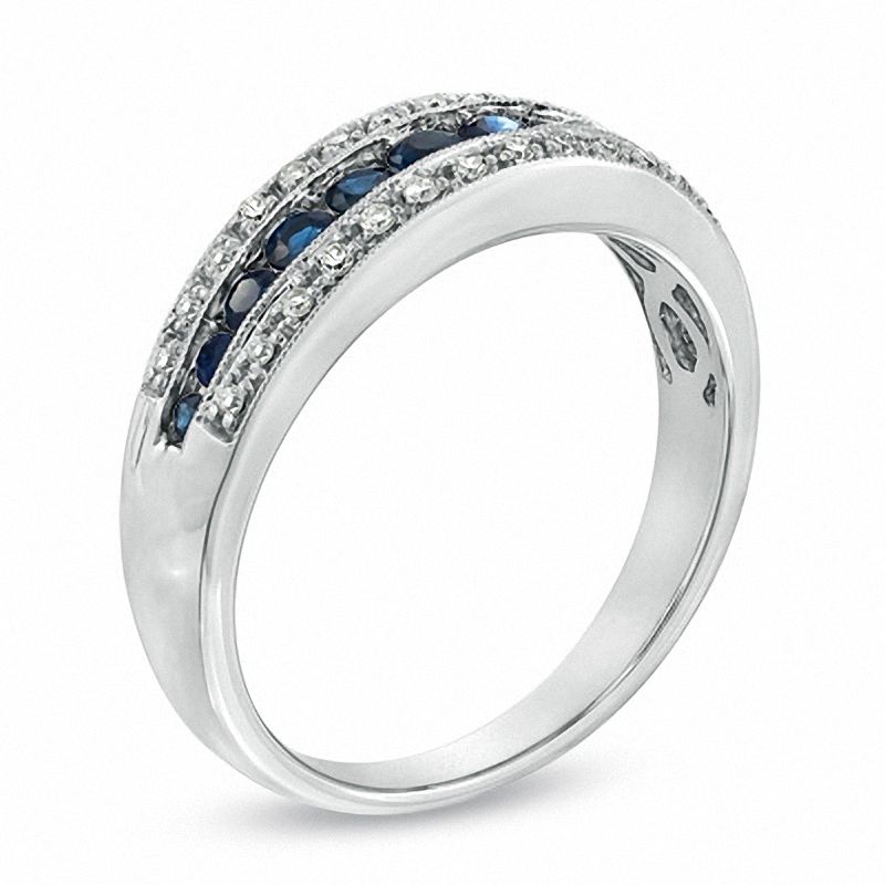 Main Image 2 of Blue Sapphire and 1/8 CT. T.W. Diamond Three Row Anniversary Band in 10K White Gold