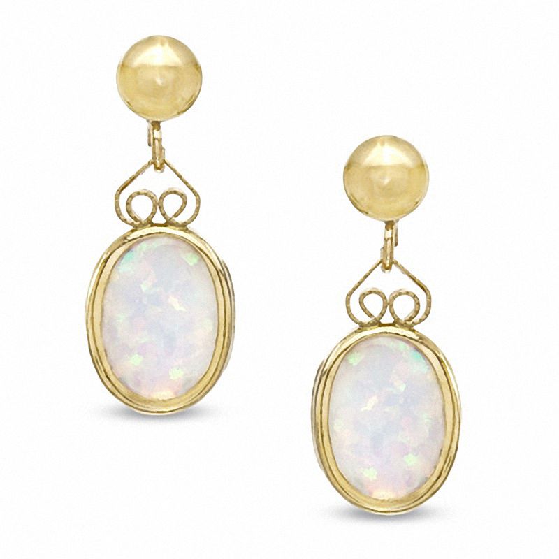 Oval Lab-Created Opal Drop Earrings in 14K Gold