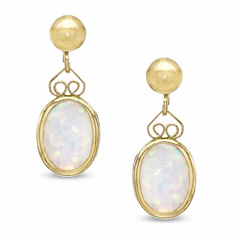 Main Image 1 of Oval Lab-Created Opal Drop Earrings in 14K Gold