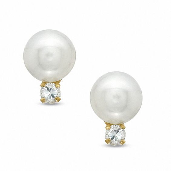 5.75mm Cultured Freshwater Pearl and Cubic Zirconia Earrings in 14K Gold