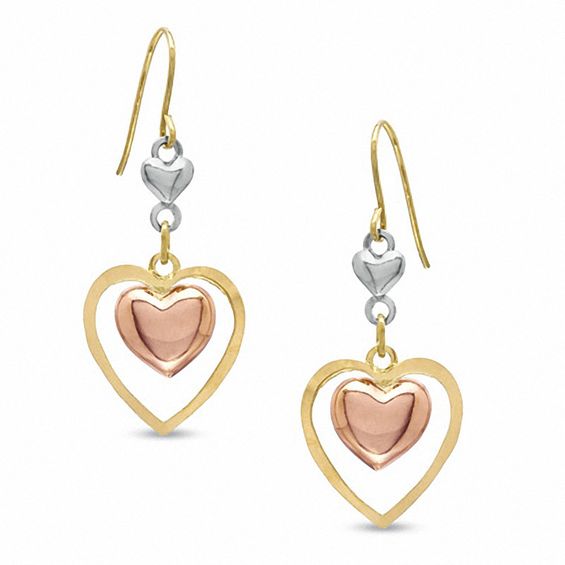 Triple Heart Drop Earrings in 14K Tri-Tone Gold