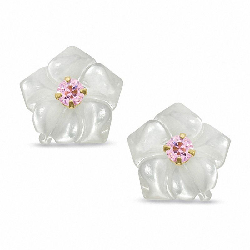 Main Image 1 of Mother-of-Pearl and Pink Cubic Zirconia Flower Earrings in 14K Gold