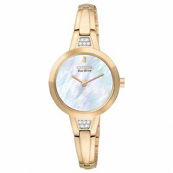Ladies' Citizen Eco-DriveÂ® Silhouette Crystal Bangle Watch with Mother-of-Pearl Dial (Model: Ex1153-54D)