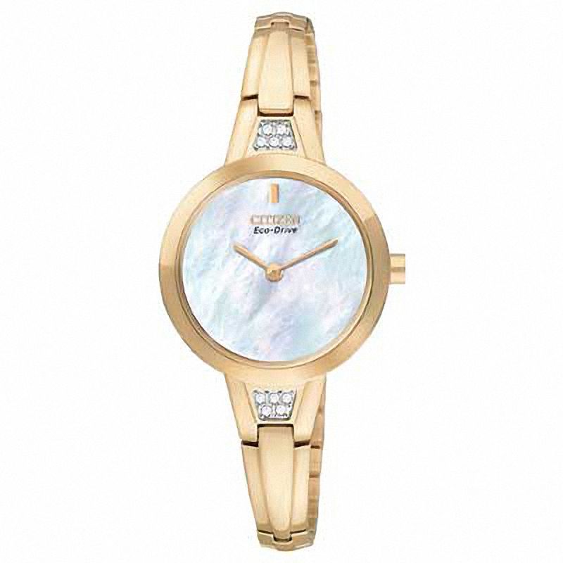 Ladies' Citizen Eco-Drive® Silhouette Crystal Bangle Watch with Mother-of-Pearl Dial (Model: EX1153-54D)