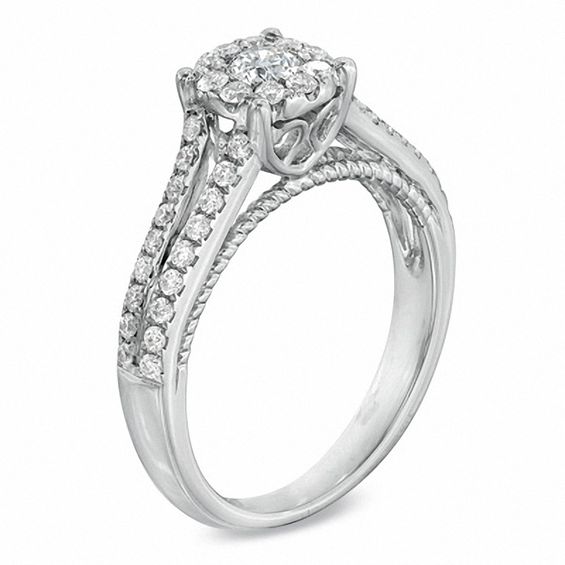 3/4 CT. T.w. Diamond Cluster Split Shank Engagement Ring in 14K White Gold