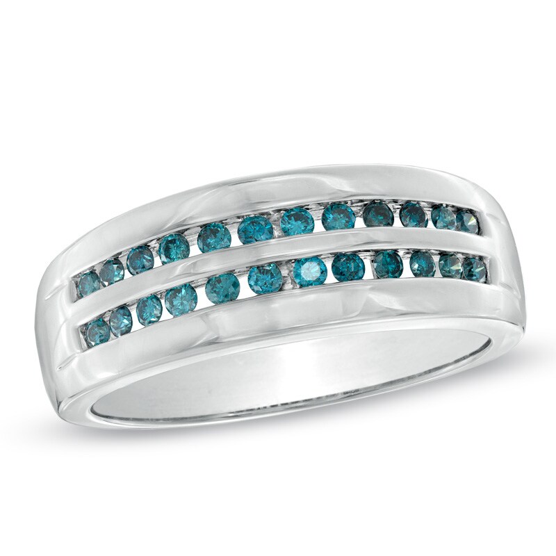 Main Image 1 of 1/2 CT. T.W. Enhanced Blue Diamond Double Row Band in Sterling Silver