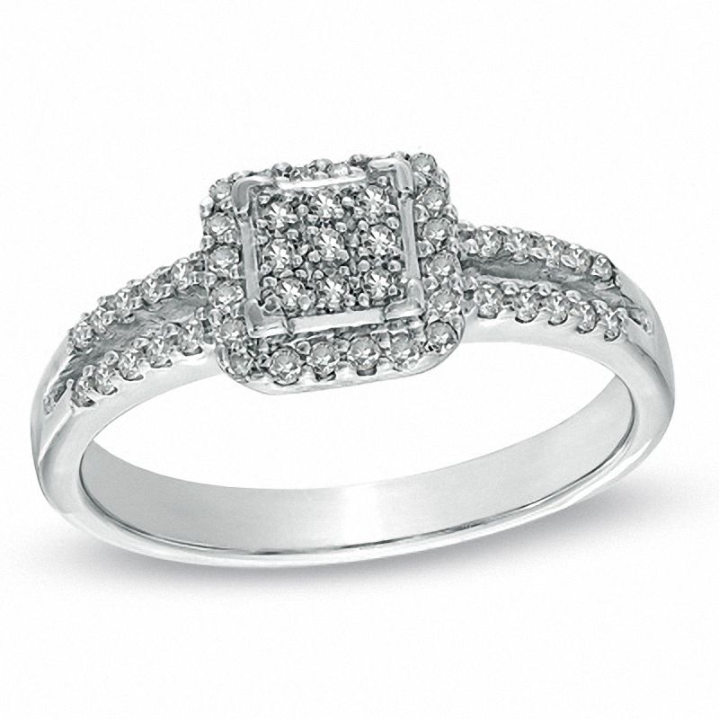 Main Image 1 of 1/4 CT. T.W. Diamond Square Frame Split Shank Ring in Sterling Silver