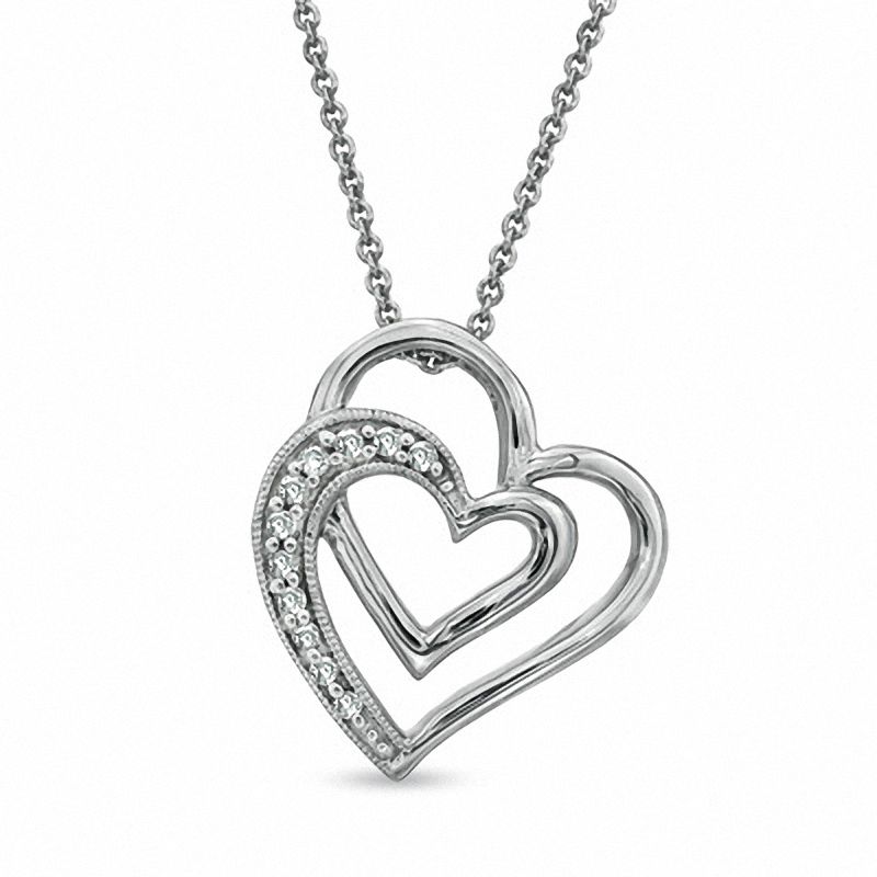 Main Image 1 of 1/10 CT. T.W. Diamond Tilted Double Heart Pendant in Sterling Silver
