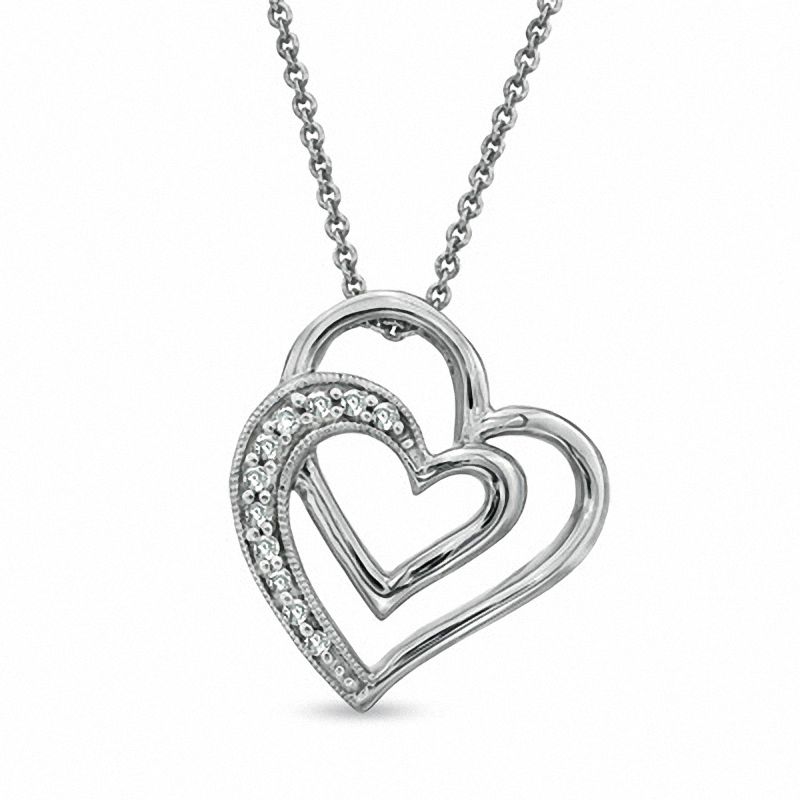 1/10 CT. T.W. Diamond Tilted Double Heart Pendant in Sterling Silver