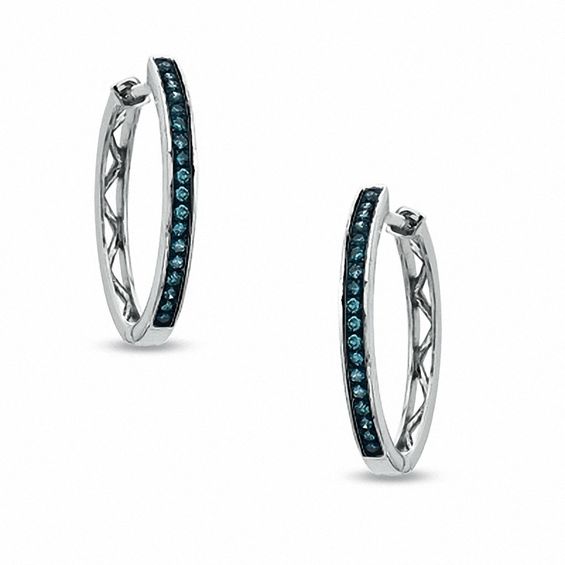 1/10 CT. T.w. Enhanced Blue Diamond Milgrain Hoop Earrings in 10K White Gold