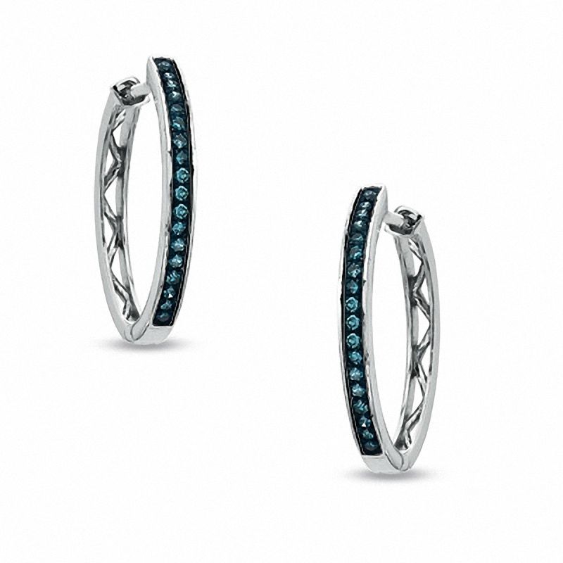 Main Image 1 of 1/10 CT. T.W. Enhanced Blue Diamond Milgrain Hoop Earrings in 10K White Gold