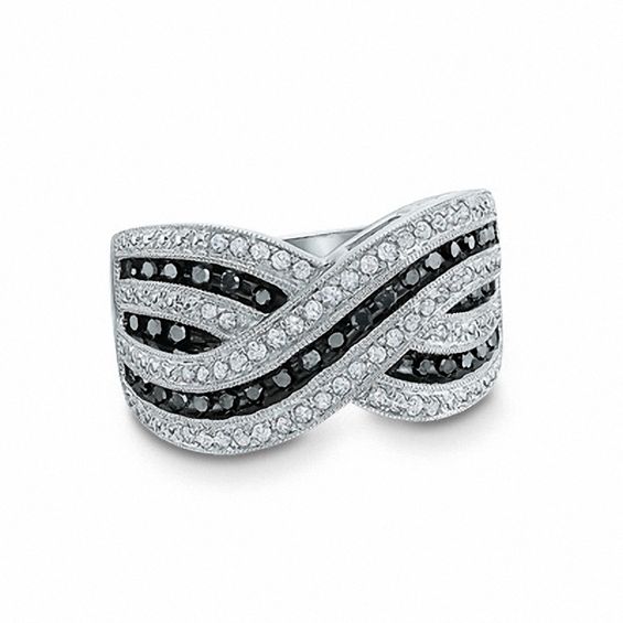 1/2 CT. T.w. Enhanced Black and White Diamond Criss-Cross Ring in Sterling Silver