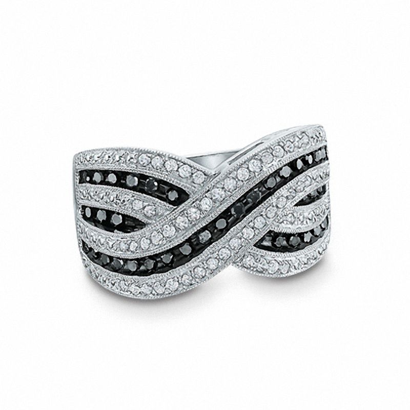 1/2 CT. T.W. Enhanced Black and White Diamond Criss-Cross Ring in Sterling Silver