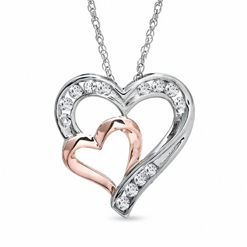 Lab-Created White Sapphire Double Heart Pendant in Sterling Silver and 14K Rose Gold Vermeil