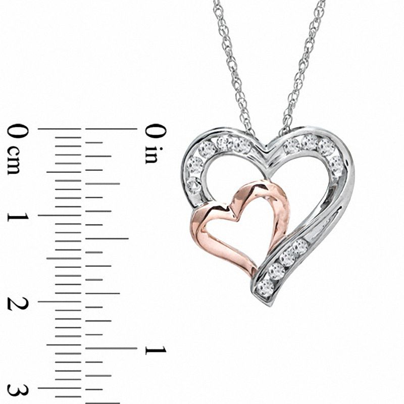 Lab-Created White Sapphire Double Heart Pendant in Sterling Silver and 14K Rose Gold Vermeil