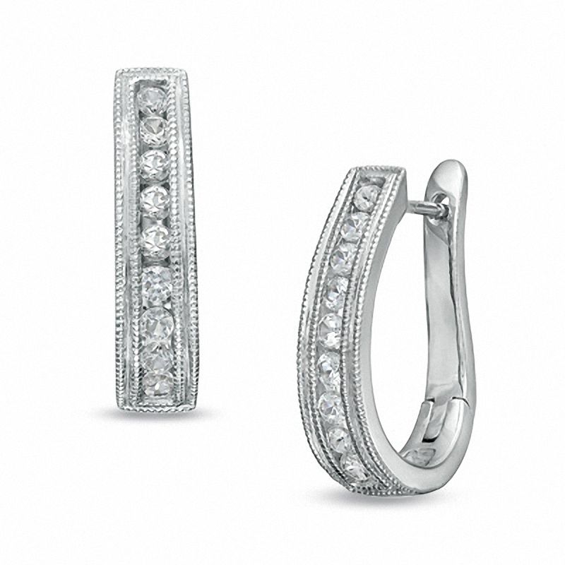 Main Image 1 of Lab-Created White Sapphire Milgrain Hoop Earrings in Sterling Silver