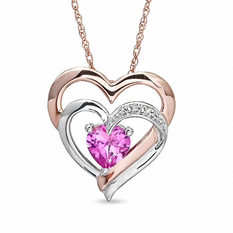 Main Image 1 of 7.0mm Lab-Created Pink Sapphire and Diamond Accent Double Heart Pendant in Sterling Silver with 14K Rose Gold Plate