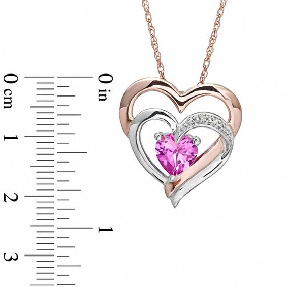 7.0mm Lab-Created Pink Sapphire and Diamond Accent Double Heart Pendant in Sterling Silver with 14K Rose Gold Plate